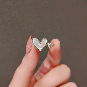Корейски модни сладки пръстени със сърце от черупки за жени, момичета, елегантни темпераментни златни цветни циркони, отворени регулируеми пръстени, бижута