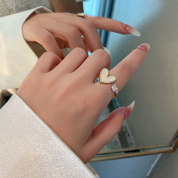 Корейски модни сладки пръстени със сърце от черупки за жени, момичета, елегантни темпераментни златни цветни циркони, отворени регулируеми пръстени, бижута