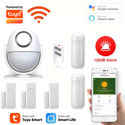 Tuya Wifi Интелигентна домашна охранителна алармена система 120dB работи с Google Alexa RF433 PIR детектор Сензор за врати Smart Life App Крамец