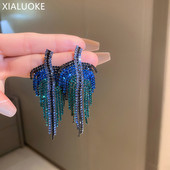 XIALUOKE Cercei cu ciucuri cu frunze de cristal albastru de modă pentru femei, cercei cu picătură eleganti de lux, cu strasuri, accesorii de bijuterii pentru petrecere