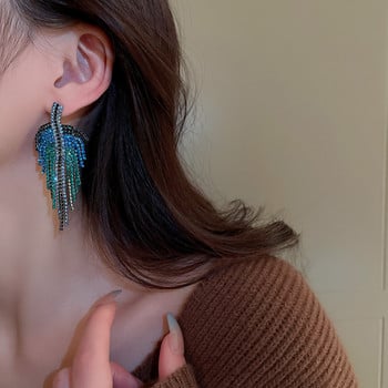XIALUOKE Fashion Blue Crystal Leaves Tassel σκουλαρίκια για γυναίκες Πολυτελή κομψά σκουλαρίκια από στρας Αξεσουάρ κοσμημάτων για πάρτι