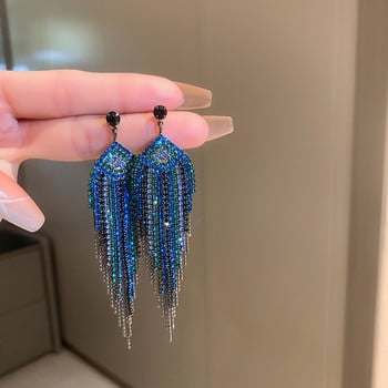 XIALUOKE Fashion Blue Crystal Leaves Tassel σκουλαρίκια για γυναίκες Πολυτελή κομψά σκουλαρίκια από στρας Αξεσουάρ κοσμημάτων για πάρτι