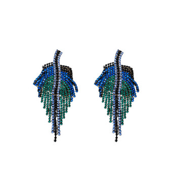 XIALUOKE Модни обеци с пискюли със сини кристални листа за жени Луксозни елегантни обеци с капки от кристали Аксесоари за парти бижута