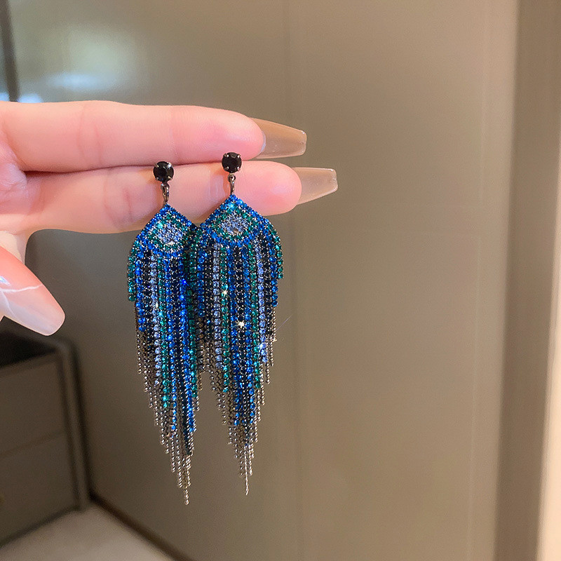 XIALUOKE Cercei cu ciucuri cu frunze de cristal albastru de modă pentru femei, cercei cu picătură eleganti de lux, cu strasuri, accesorii de bijuterii pentru petrecere