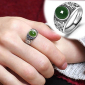 Hetian Jade Rings Естествен зелен камък Бижута Яспис Мъжки пръстен със сребърно покритие за мъже Подарък Регулируем ретро пръстен 2022 г.