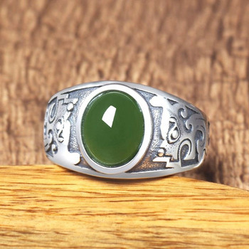 Hetian Jade Rings Естествен зелен камък Бижута Яспис Мъжки пръстен със сребърно покритие за мъже Подарък Регулируем ретро пръстен 2022 г.