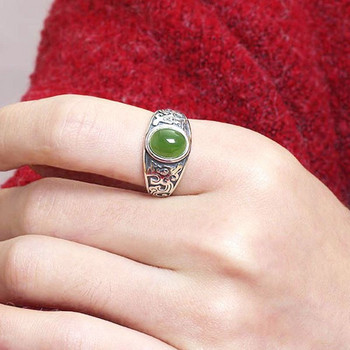 Hetian Jade Rings Естествен зелен камък Бижута Яспис Мъжки пръстен със сребърно покритие за мъже Подарък Регулируем ретро пръстен 2022 г.