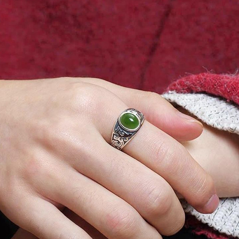 Hetian Jade Rings Естествен зелен камък Бижута Яспис Мъжки пръстен със сребърно покритие за мъже Подарък Регулируем ретро пръстен 2022 г.