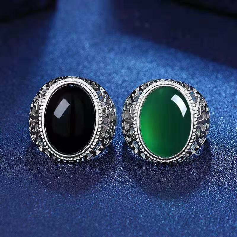 Hetian Jade Rings Естествен зелен камък Бижута Яспис Мъжки пръстен със сребърно покритие за мъже Подарък Регулируем ретро пръстен 2022 г.