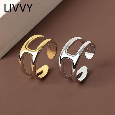 LIVVY Сребърни цветни парти пръстени Нова мода Двуслойни лъскави пръстени Бижута за жени Регулируем размер Тенденция за 2021 г.