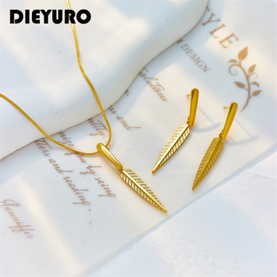 DIEYURO 316L неръждаема стомана златен цвят перо листа висулка колие обеци за жени мода комплект бижута за момичета подарък за рожден ден