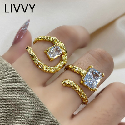 LIVVY Сребърен цвят Прост неправилен кух геометричен кристален пръстен с циркон Дамски моден темперамент Хип-хоп Класически подарък