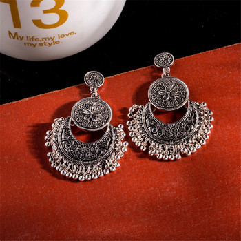 Индийски бижута Етнически сребърен цвят метални обеци с висулка с пискюли за жени Бохемски тотем във формата на луна цвете, падащи обеци подаръци
