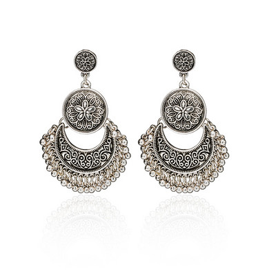 Ινδικά κοσμήματα Ethnic ασημί χρώμα μεταλλικά κρεμαστά σκουλαρίκια με φούντα για γυναίκες Δώρα σκουλαρίκι λουλουδιών τοτέμ σε σχήμα Βοημίας