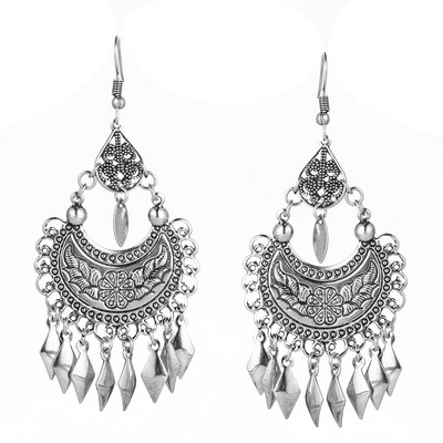 Ινδικά κοσμήματα Ethnic ασημί χρώμα μεταλλικά κρεμαστά σκουλαρίκια με φούντα για γυναίκες Δώρα σκουλαρίκι λουλουδιών τοτέμ σε σχήμα Βοημίας
