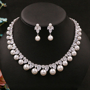 Кубичен цирконий, кръгла перлена бормашина, благородна деликатна булчинска огърлица, висулка, обеци, бижута, сватбени аксесоари за жени