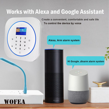 Wofea Smart Home Security 2 в 1 Безжична Wifi и GSM алармена система Работа с APP Touch Keyboard LCD RFID Tag Control Alexa