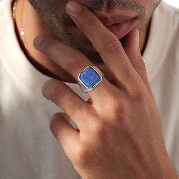 Vnox Stylish τετράγωνα δαχτυλίδια από φυσική πέτρα για άντρες, κοσμήματα δώρου για πάρτι με μεταλλικό δαχτυλίδι από ανοξείδωτο ατσάλι
