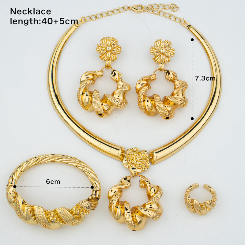 Set de bijuterii la modă pentru femei africane Dubai, cercei și colier de culoare aurie pentru nunți de mireasă, set de inele, brățări, cadouri de petrecere