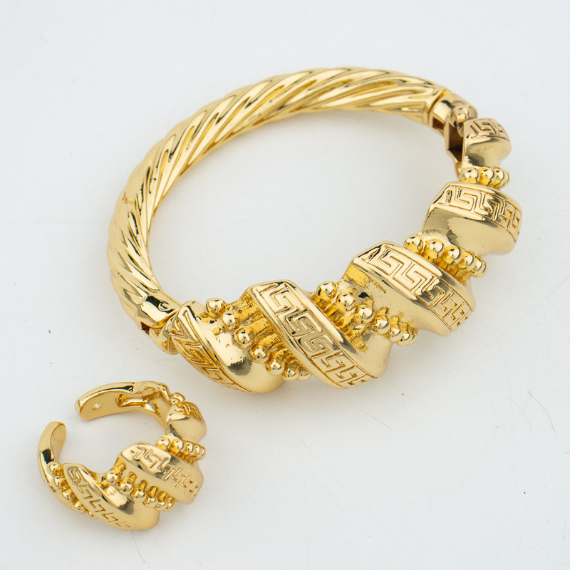 Set de bijuterii la modă pentru femei africane Dubai, cercei și colier de culoare aurie pentru nunți de mireasă, set de inele, brățări, cadouri de petrecere