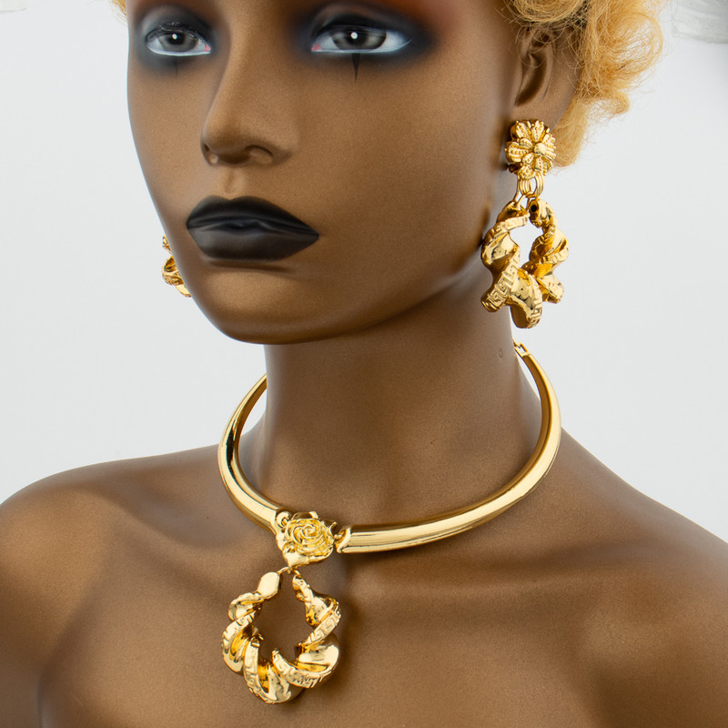Set de bijuterii la modă pentru femei africane Dubai, cercei și colier de culoare aurie pentru nunți de mireasă, set de inele, brățări, cadouri de petrecere