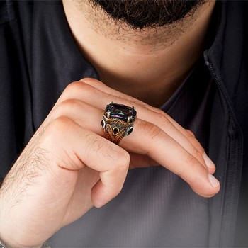 Винтидж ръчно изработени турски пръстени с печат Мъжки старинни сребърни гравирани пръстени с орел Цветен топаз Инкрустиран Неопънк пръстени за мотоциклетисти