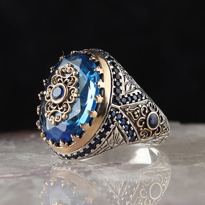 Винтидж ръчно изработени турски пръстени с печат Мъжки старинни сребърни гравирани пръстени с орел Цветен топаз Инкрустиран Неопънк пръстени за мотоциклетисти