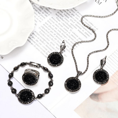 MINHIN Veleprodajni retro setovi nakita za žene Hot Sale Antikni crni kristalni okrugli kameni privjesak Statement Jewelry Sers