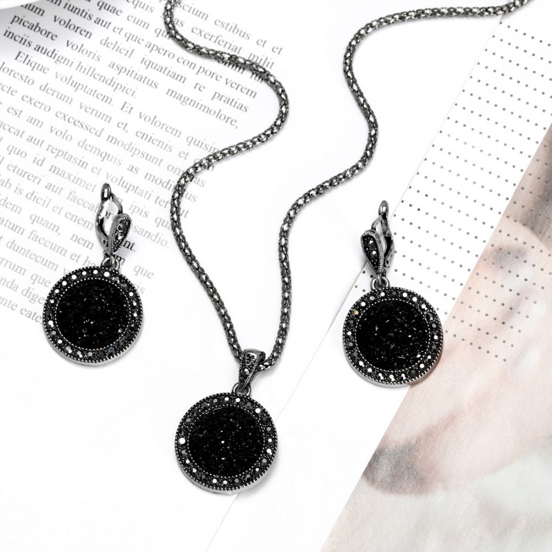MINHIN Veleprodajni retro setovi nakita za žene Hot Sale Antikni crni kristalni okrugli kameni privjesak Statement Jewelry Sers