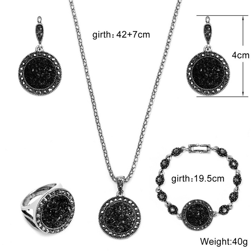 MINHIN Veleprodajni retro setovi nakita za žene Hot Sale Antikni crni kristalni okrugli kameni privjesak Statement Jewelry Sers