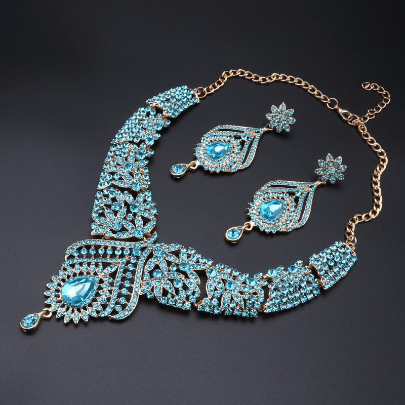 Cercei de lux cu cristal albastru pentru femei, colier, set de bijuterii pentru nunta de mireasă, elegant, petrecere, costum de bal, accesorii pentru rochie, cadouri