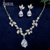 ZAKOL Klasický náhrdelník s kvapkou vody, sada pre ženy, lesklý list, kubický zirkón, šperky, sady, dámske párty, svadobné doplnky