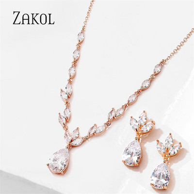 ZAKOL Klasický náhrdelník s kvapkou vody, sada pre ženy, lesklý list, kubický zirkón, šperky, sady, dámske párty, svadobné doplnky