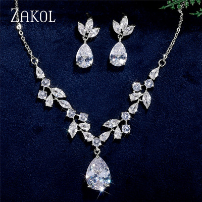 ZAKOL Klasický náhrdelník s kvapkou vody, sada pre ženy, lesklý list, kubický zirkón, šperky, sady, dámske párty, svadobné doplnky