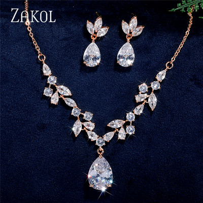 ZAKOL Klasický náhrdelník s kvapkou vody, sada pre ženy, lesklý list, kubický zirkón, šperky, sady, dámske párty, svadobné doplnky
