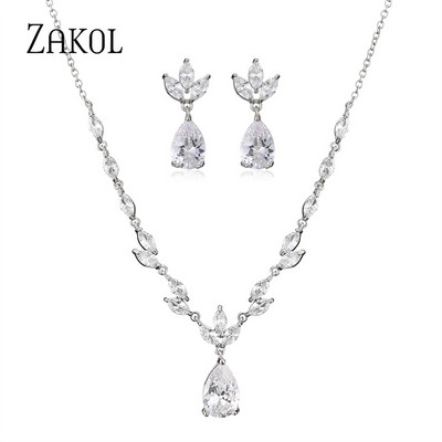 ZAKOL Klasický náhrdelník s kvapkou vody, sada pre ženy, lesklý list, kubický zirkón, šperky, sady, dámske párty, svadobné doplnky