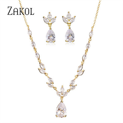 ZAKOL Klasický náhrdelník s kvapkou vody, sada pre ženy, lesklý list, kubický zirkón, šperky, sady, dámske párty, svadobné doplnky