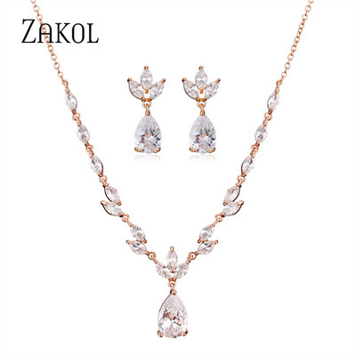 ZAKOL Klasický náhrdelník s kvapkou vody, sada pre ženy, lesklý list, kubický zirkón, šperky, sady, dámske párty, svadobné doplnky