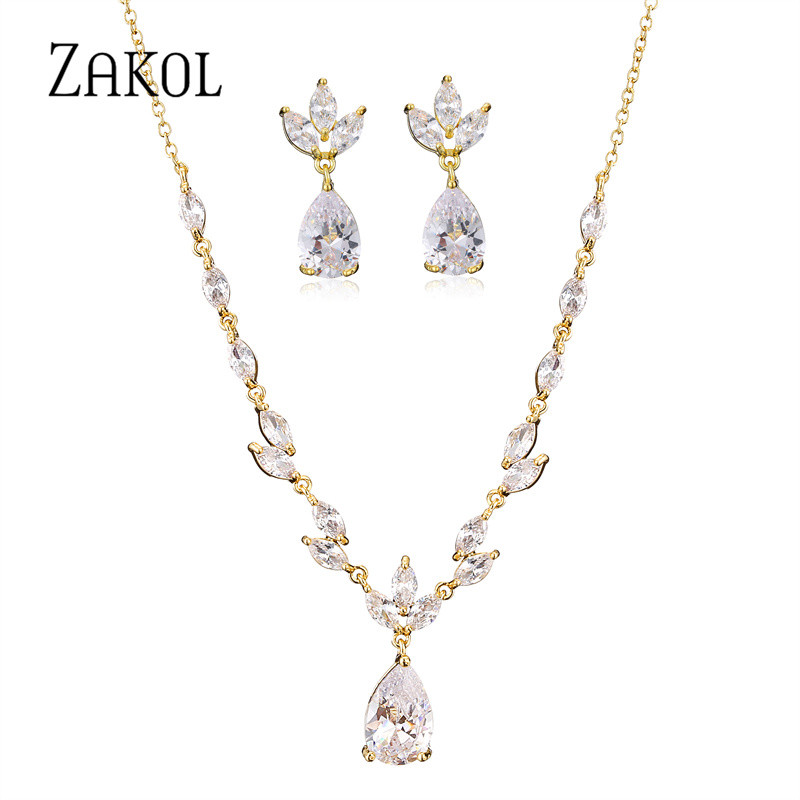 ZAKOL Klasický náhrdelník s kvapkou vody, sada pre ženy, lesklý list, kubický zirkón, šperky, sady, dámske párty, svadobné doplnky