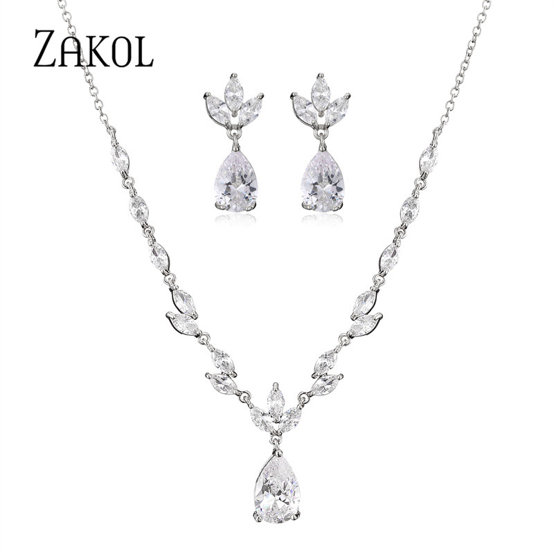 ZAKOL Klasický náhrdelník s kvapkou vody, sada pre ženy, lesklý list, kubický zirkón, šperky, sady, dámske párty, svadobné doplnky