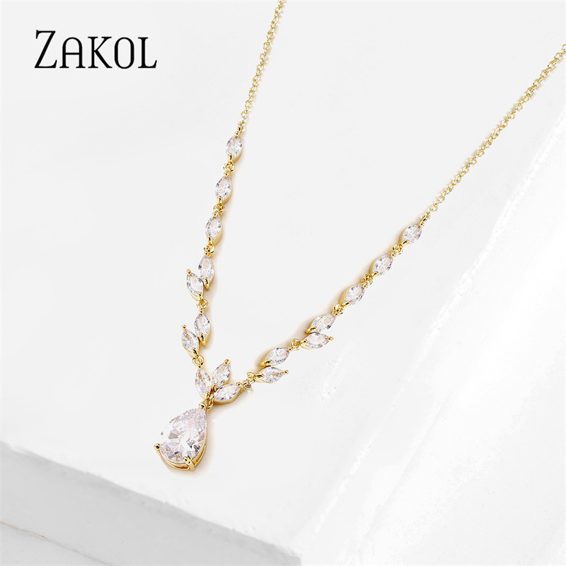 ZAKOL Klasický náhrdelník s kvapkou vody, sada pre ženy, lesklý list, kubický zirkón, šperky, sady, dámske párty, svadobné doplnky