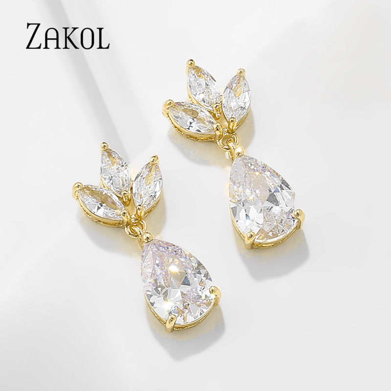 ZAKOL Klasický náhrdelník s kvapkou vody, sada pre ženy, lesklý list, kubický zirkón, šperky, sady, dámske párty, svadobné doplnky