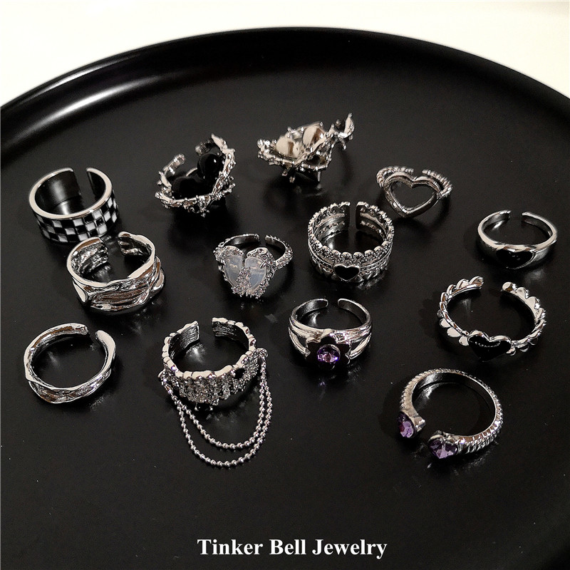 2022 Punk Gothic Geometria Strieborná farba Srdce Kvetinový Kovový Otvorený Nastaviteľný Prsteň Pre Ženy Mužov Dievča Bff Party Grunge Y2k Šperky