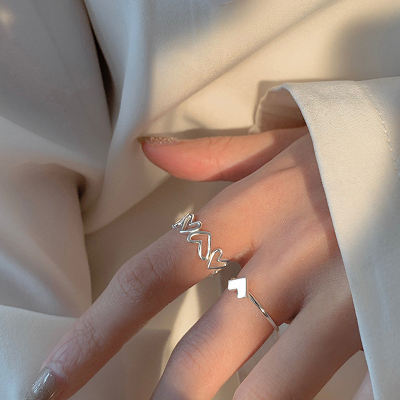 Strieborný farebný dutý prsteň v tvare srdca, sada, roztomilý módny dizajn, láska, šperky pre ženy, darčeky pre dievčatá, nastaviteľné, narodeninová oslava