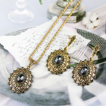 Sunspicems Retro Vintage Bohemia Women Jewelry Sets Antique Gold Color Grey Crystal Drop Earring Колие Turkish Bijoux Gift