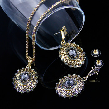 Sunspicems Retro Vintage Bohemia Women Jewelry Sets Antique Gold Color Grey Crystal Drop Earring Колие Turkish Bijoux Gift