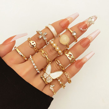 IPARAM Bohemian Geometric Joint Ring Set for Women Vintage Metal Chain Pearl Crystal Finger Ring Boho Jewelry Party Gift