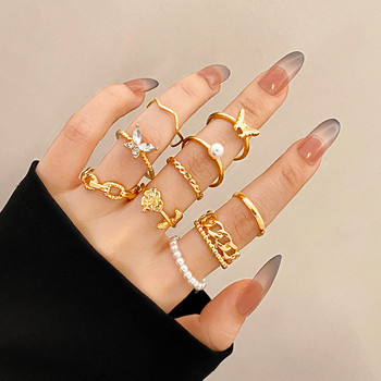 IPARAM Bohemian Geometric Joint Ring Set for Women Vintage Metal Chain Pearl Crystal Finger Ring Boho Jewelry Party Gift