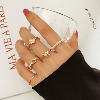IPARAM Bohemian Geometric Joint Ring Set for Women Vintage Metal Chain Pearl Crystal Finger Ring Boho Jewelry Party Gift
