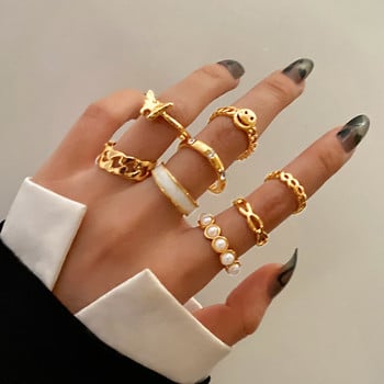 IPARAM Bohemian Geometric Joint Ring Set for Women Vintage Metal Chain Pearl Crystal Finger Ring Boho Jewelry Party Gift